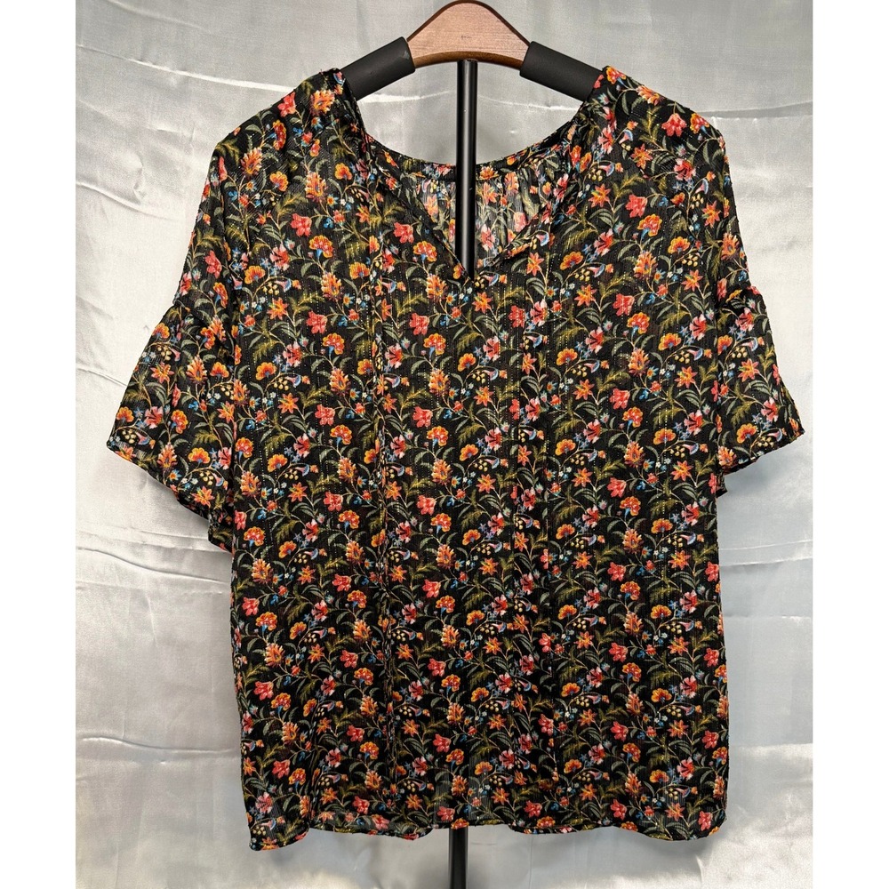 LOFT Black Floral Sheer Metallic Blouse L Boho Cottagecore Peasant Top